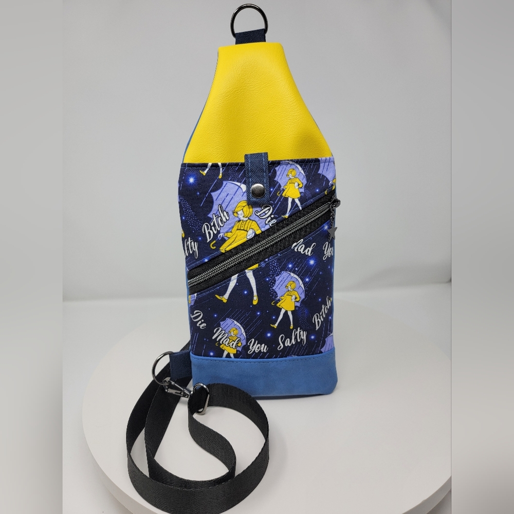 Handmade Blue & Yellow NSFW Die Mad You Salty B Crossbody Travel Sling Pouch